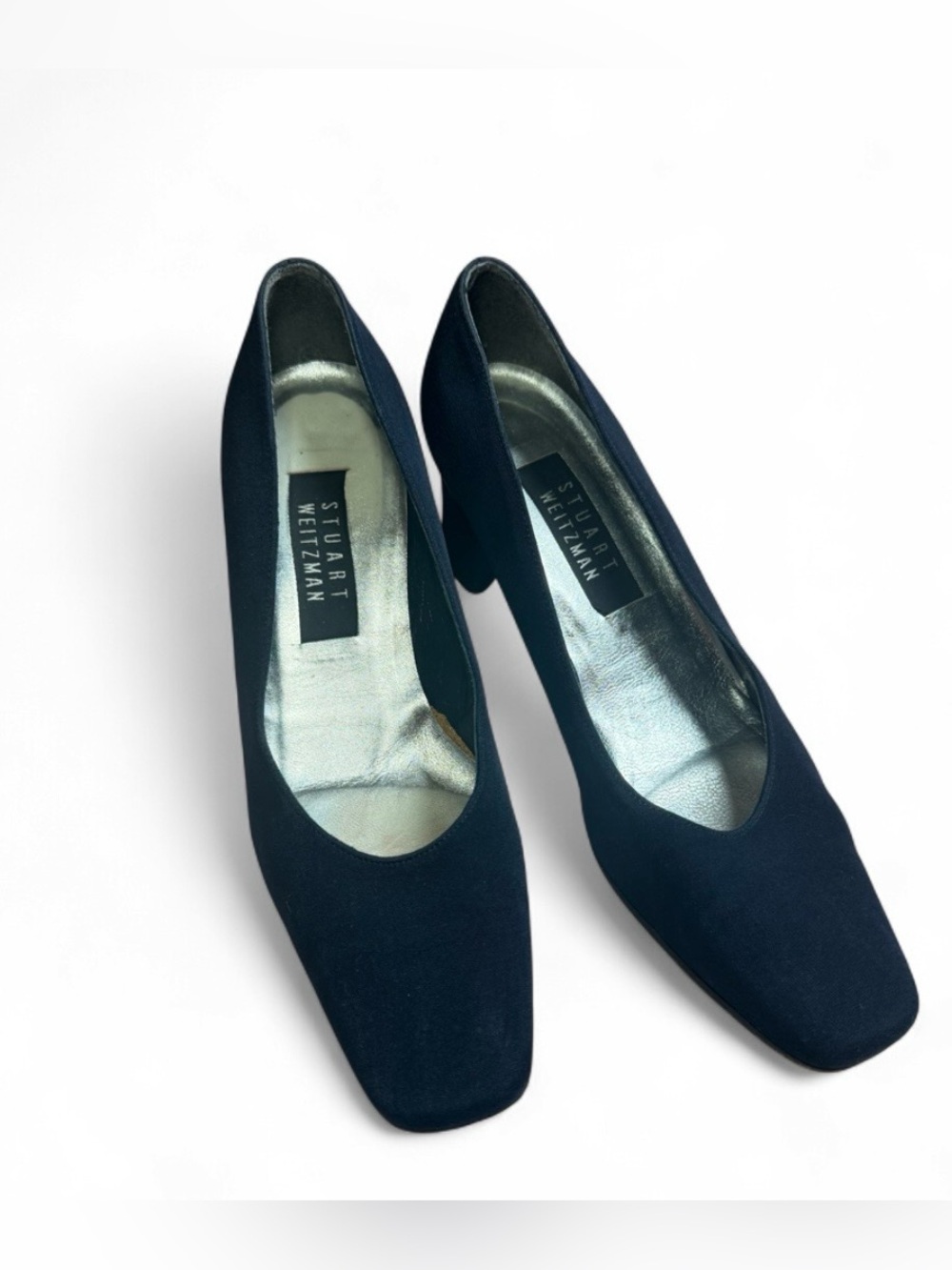 Stuart Weitzman Women's Black Fabric Square Toe Slip On Pump Heels Vintage SZ 8